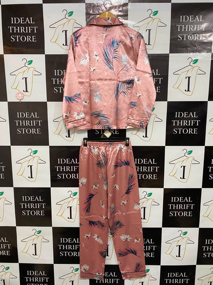 |M| A25| ROSE PINK TROPICAL PALM AND CRANE PRINT SATIN PAJAMA LOUNGEWEAR SET