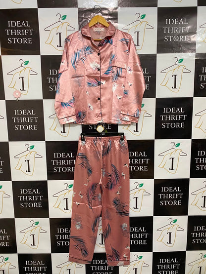 |M| A25| ROSE PINK TROPICAL PALM AND CRANE PRINT SATIN PAJAMA LOUNGEWEAR SET