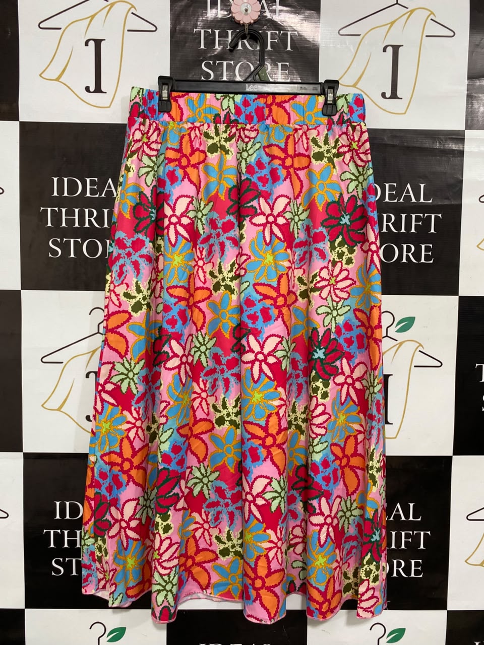 |XL| WAIST 30| A25| VIBRANT PINK MULTICOLORED FLORAL BOHEMIAN ELASTIC-WAIST MAXI SKIRT