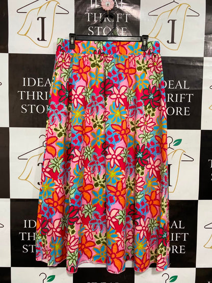 |XL| WAIST 30| A25| VIBRANT PINK MULTICOLORED FLORAL BOHEMIAN ELASTIC-WAIST MAXI SKIRT
