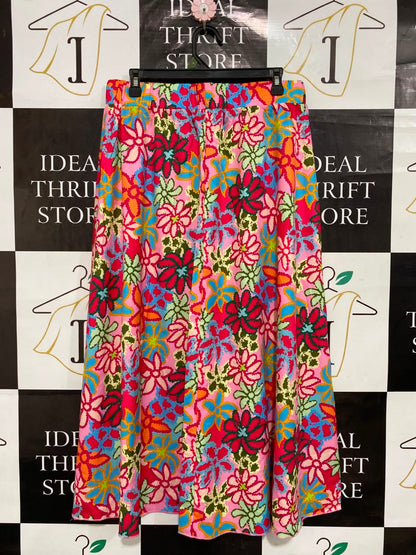 |XL| WAIST 30| A25| VIBRANT PINK MULTICOLORED FLORAL BOHEMIAN ELASTIC-WAIST MAXI SKIRT