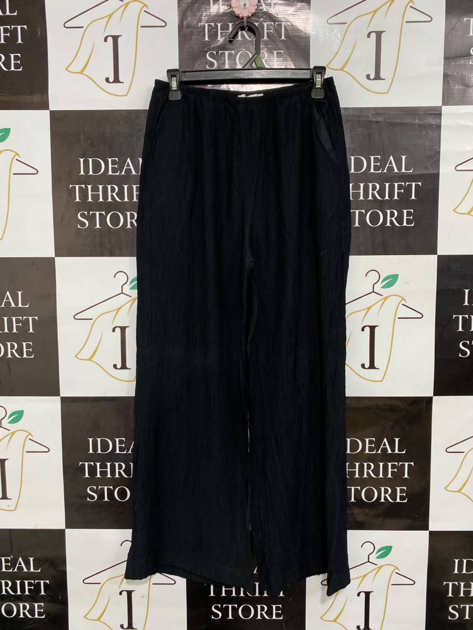 M&S |S| WAIST 26| A26| CLASSIC BLACK TEXTURED WIDE-LEG ELASTIC-WAIST PALAZZO PANTS