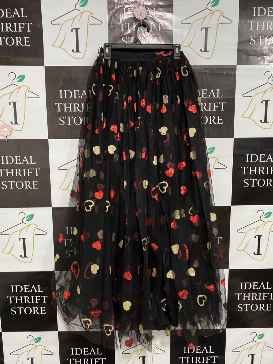 LACE & BEADS |S| WAIST 25| A25| BLACK TULLD GLITTERING RED AND GOLD HEARTS MAXI SKIRT