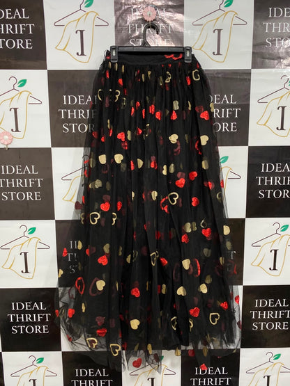 LACE & BEADS |S| WAIST 25| A25| BLACK TULLD GLITTERING RED AND GOLD HEARTS MAXI SKIRT