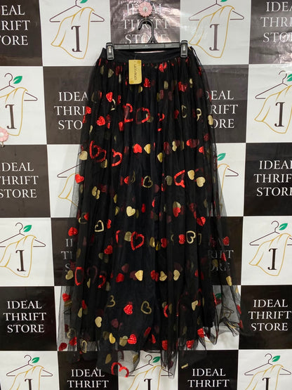 LACE & BEADS |S| WAIST 25| A25| BLACK TULLD GLITTERING RED AND GOLD HEARTS MAXI SKIRT