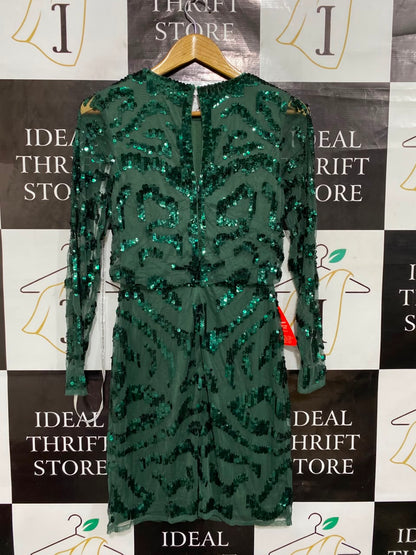 FROCK & FRILL |S| BUST 15| A25| EMERALD GREEN SEQUIN EMBELLISHED LONG SLEEVE PARTY DRESS