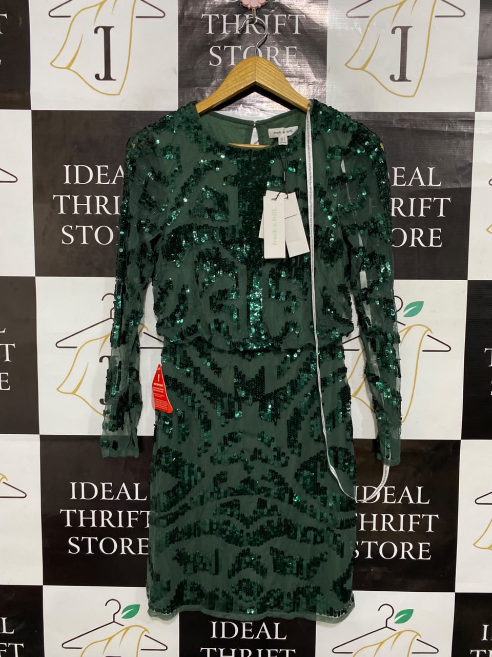 FROCK & FRILL |S| BUST 15| A25| EMERALD GREEN SEQUIN EMBELLISHED LONG SLEEVE PARTY DRESS