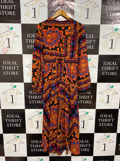 SHEIN |L| BUST 17| A25| BLACK AND ORANGE BOHEMIAN MANDALA PRINT LONG SLEEVE MAXI DRESS