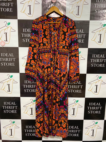 SHEIN |L| BUST 17| A25| BLACK AND ORANGE BOHEMIAN MANDALA PRINT LONG SLEEVE MAXI DRESS