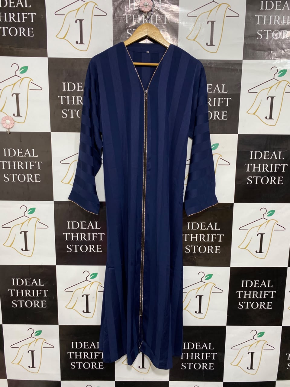 |M| BUST FREE| A25| NAVY BLUE STRIPED FRONT-ZIP LONG SLEEVE MODEST MAXI ABAYA