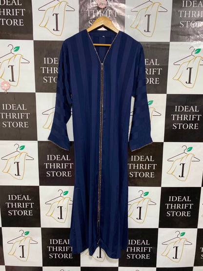 |M| BUST FREE| A25| NAVY BLUE STRIPED FRONT-ZIP LONG SLEEVE MODEST MAXI ABAYA
