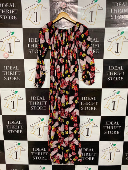 |XS| BUST 11| A25| BLACK AND RED FLORAL SMOCKED LONG SLEEVE BOHEMIAN MAXI DRESS