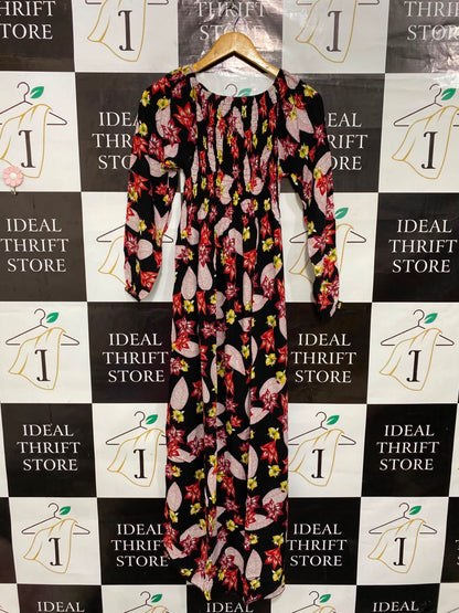 |XS| BUST 11| A25| BLACK AND RED FLORAL SMOCKED LONG SLEEVE BOHEMIAN MAXI DRESS