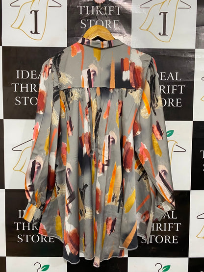 JENERIQUE |M| BUST FREE| A25| ABSTRACT BRUSHSTROKE PRINT TIE-NECK LONG SLEEVE BLOUSE