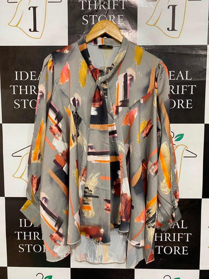 JENERIQUE |M| BUST FREE| A25| ABSTRACT BRUSHSTROKE PRINT TIE-NECK LONG SLEEVE BLOUSE