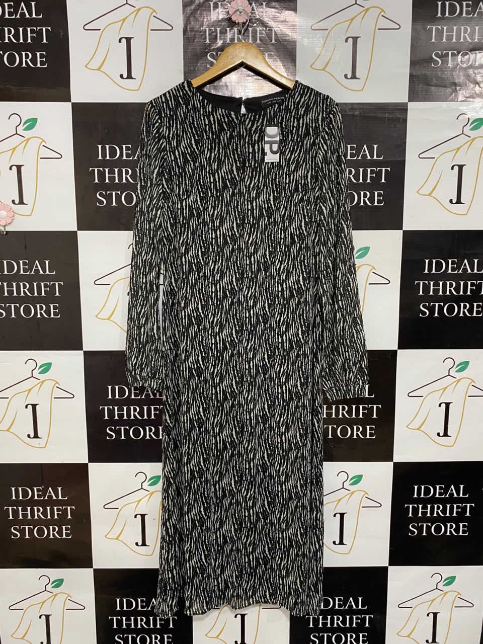 DOROTHY PERKINS |M| BUST 18| A25| BLACK AND WHITE ABSTRACT ANIMAL PRINT LONG SLEEVE MIDI DRESS