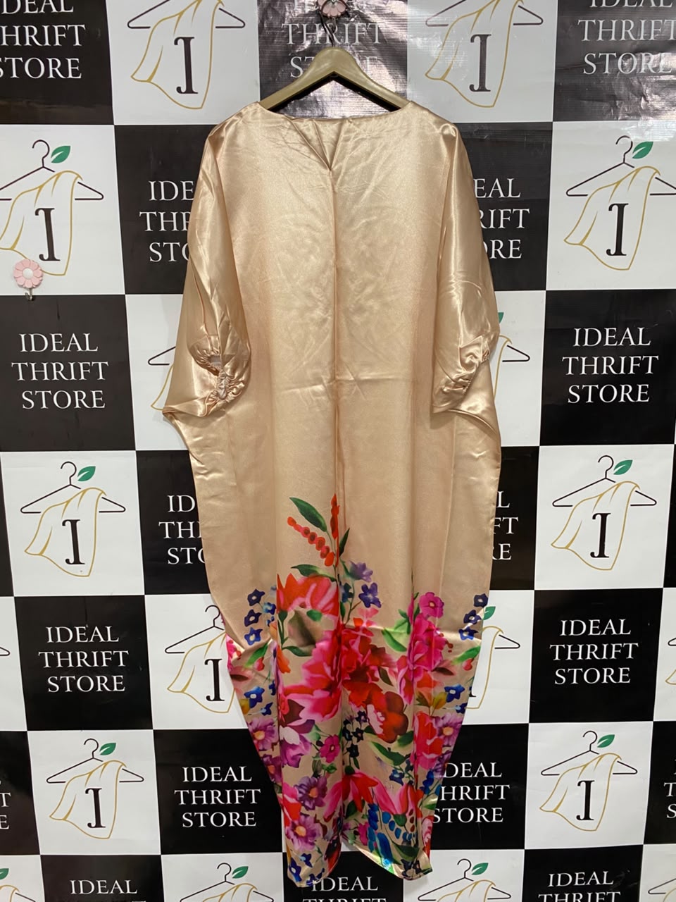 UOOZEE |M| BUST FREE| A25| CHAMPAGNE SATIN VIBRANT FLORAL HEM KAFTAN MAXI DRESS