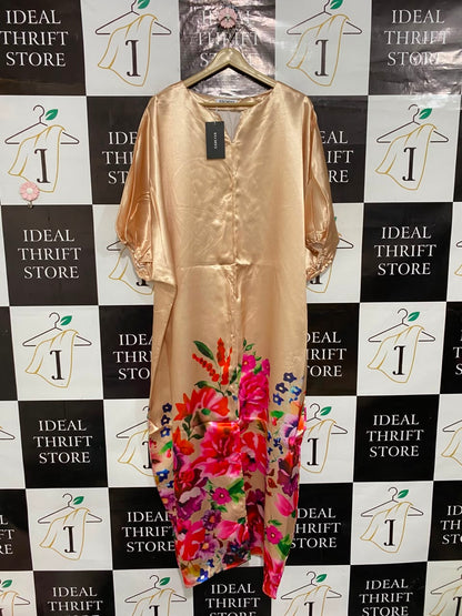 UOOZEE |M| BUST FREE| A25| CHAMPAGNE SATIN VIBRANT FLORAL HEM KAFTAN MAXI DRESS