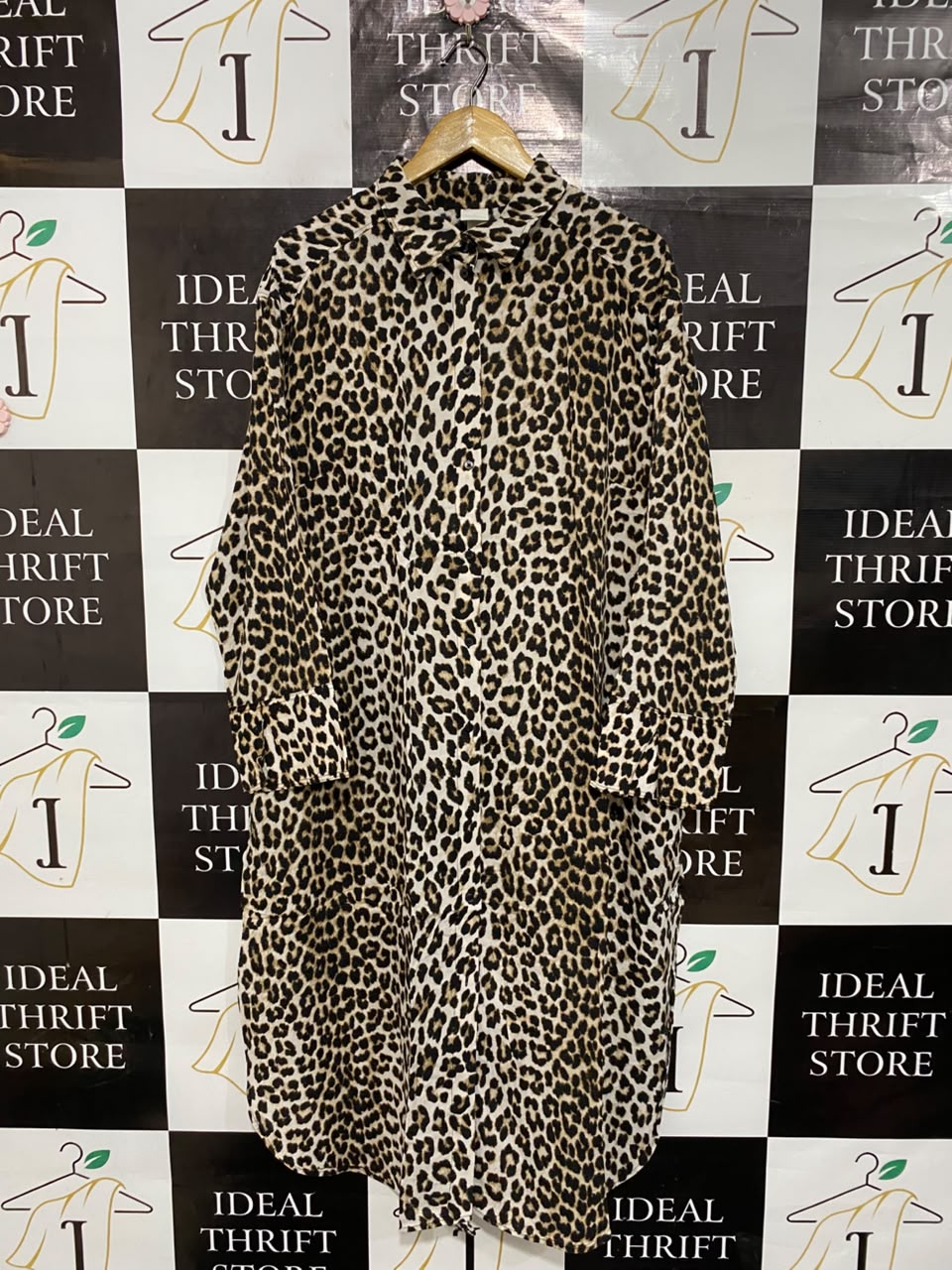 H&M |L| BUST 25| A25| LEOPARD ANIMAL PRINT BUTTON-DOWN SHIRT MIDI DRESS
