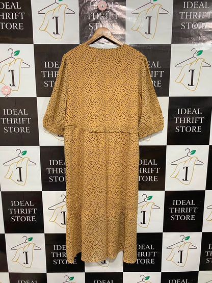 BOOHOO |M| BUST 23| A25| MUSTARD YELLOW SPOTTY TIE-NECK TIERED MIDI DRESS