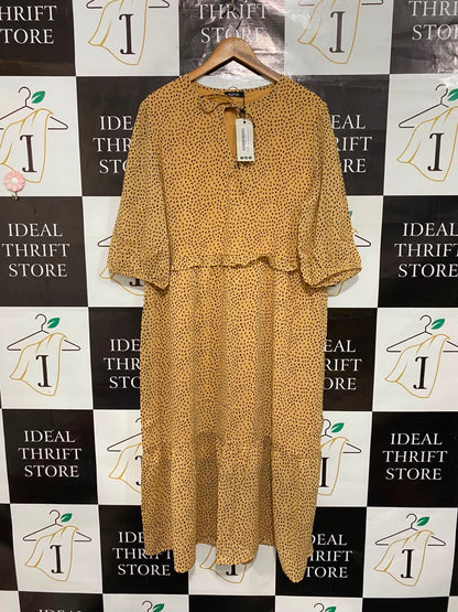 BOOHOO |M| BUST 23| A25| MUSTARD YELLOW SPOTTY TIE-NECK TIERED MIDI DRESS