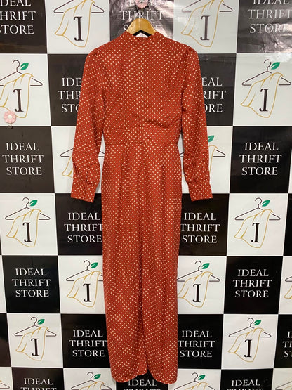 ASOS |M| BUST 17| A25| RUST ORANGE POLKA DOT HIGH-NECK LONG SLEEVE MIDI DRESS