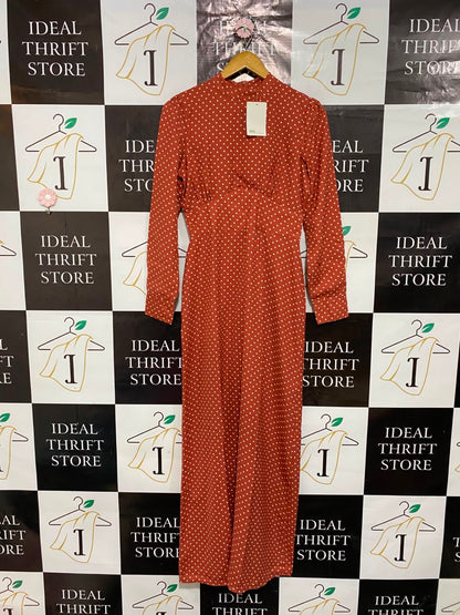 ASOS |M| BUST 17| A25| RUST ORANGE POLKA DOT HIGH-NECK LONG SLEEVE MIDI DRESS
