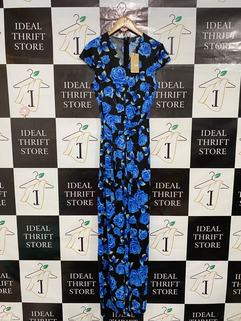 QIANYIKU |M| BUST 17| A25| BLUE ROSE FLORAL PRINT SHORT SLEEVE BELTED JUMPSUIT