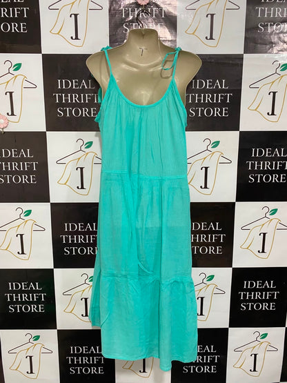 M&S |L| BUST 21| A25| TURQUOISE TIERED TASSLED STRAP SUMMER MIDI DRESS