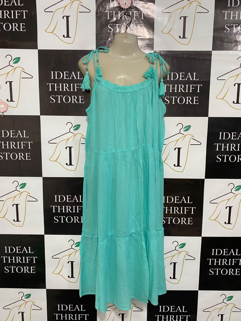 M&S |L| BUST 21| A25| TURQUOISE TIERED TASSLED STRAP SUMMER MIDI DRESS