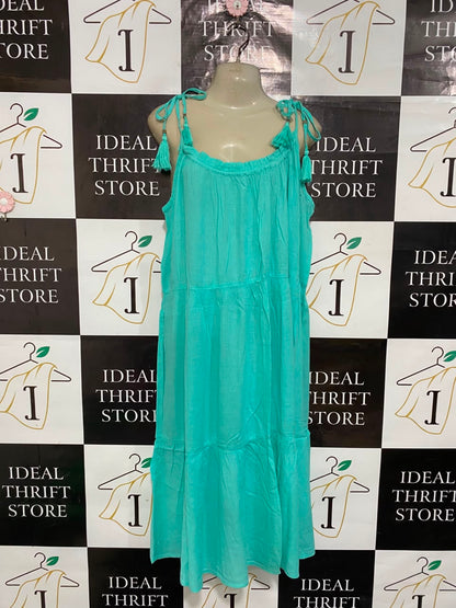 M&S |L| BUST 21| A25| TURQUOISE TIERED TASSLED STRAP SUMMER MIDI DRESS