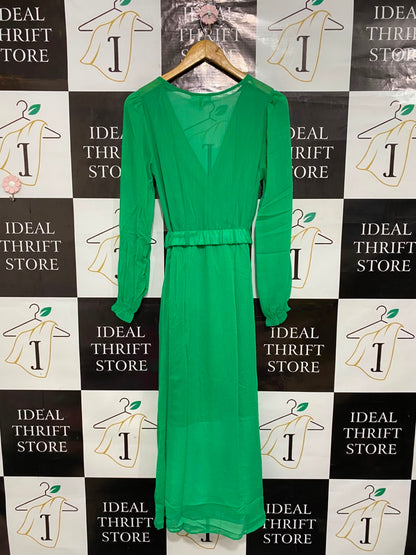 NAF NAF |S| BUST 16| A25| VIBRANT GREEN WRAP-STYLE LONG SLEEVE BELTED MIDI DRESS
