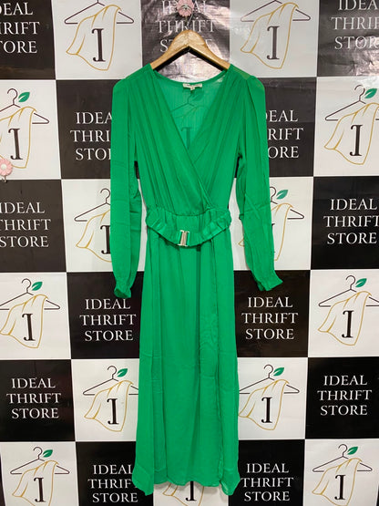 NAF NAF |S| BUST 16| A25| VIBRANT GREEN WRAP-STYLE LONG SLEEVE BELTED MIDI DRESS