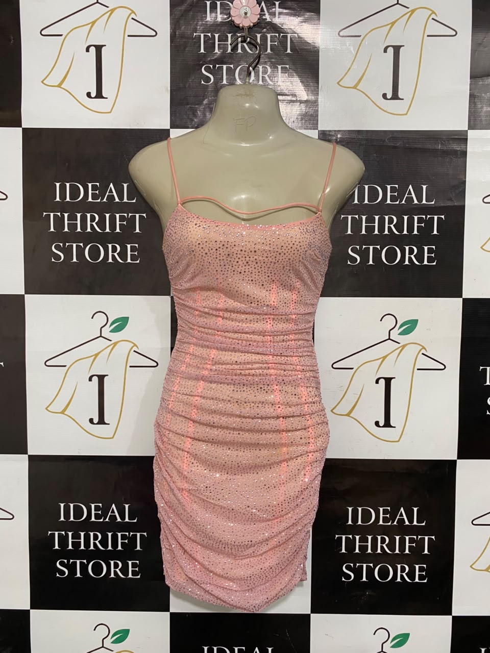 OH POLLY |S| BUST 15| A25| BLUSH PINK RHINESTONE EMBELLISHED RUCHED BODYCON MINI DRESS