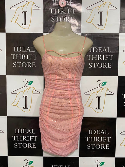 OH POLLY |S| BUST 15| A25| BLUSH PINK RHINESTONE EMBELLISHED RUCHED BODYCON MINI DRESS