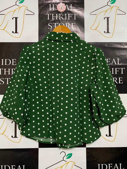SHEIN |M| BUST 18| A25| FOREST GREEN POLKA DOT BUTTON-UP PUFF SLEEVE BLOUSE