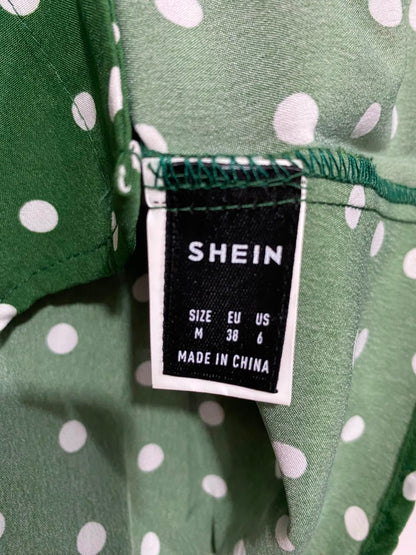 SHEIN |M| BUST 18| A25| FOREST GREEN POLKA DOT BUTTON-UP PUFF SLEEVE BLOUSE