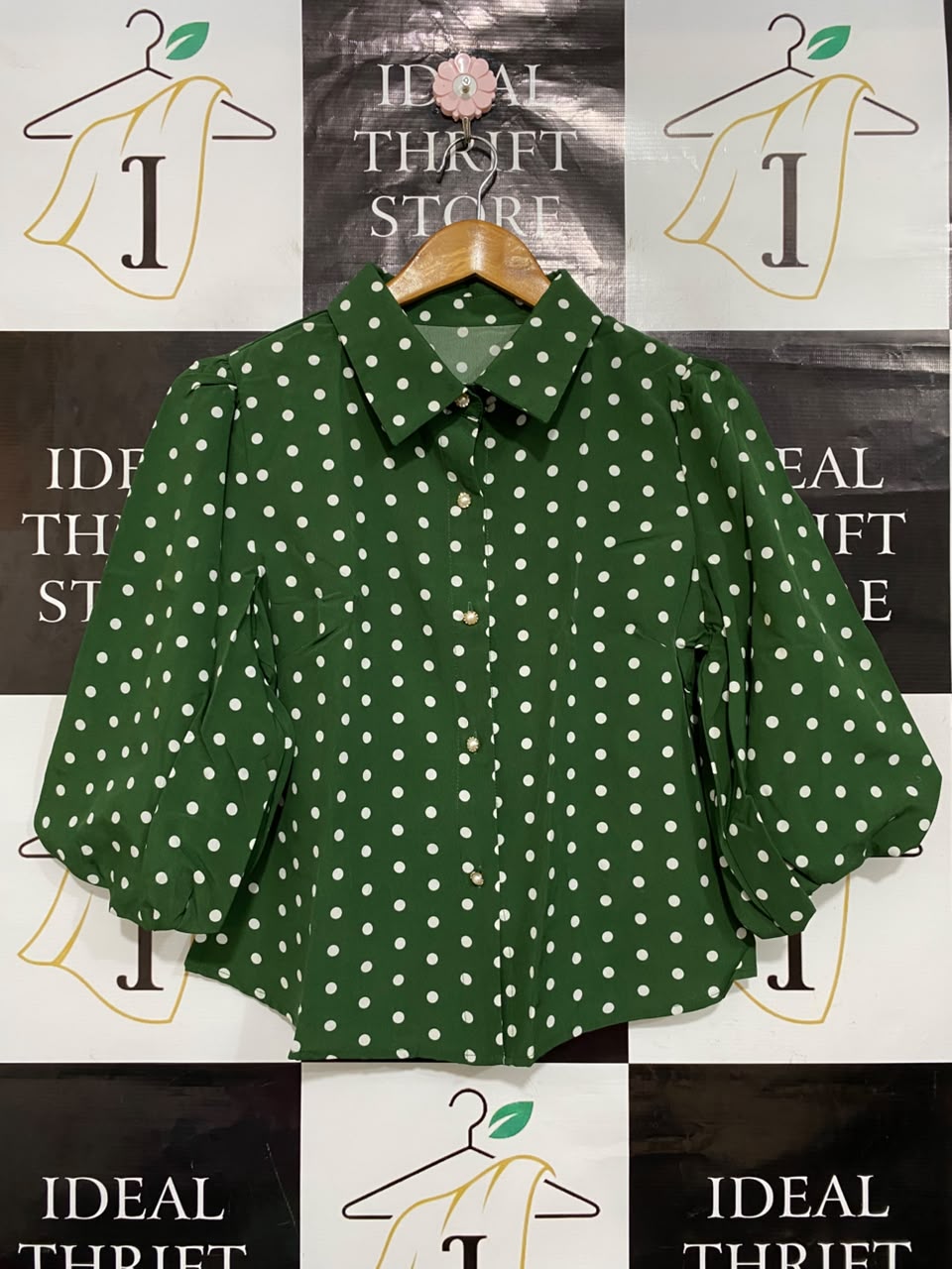 SHEIN |M| BUST 18| A25| FOREST GREEN POLKA DOT BUTTON-UP PUFF SLEEVE BLOUSE