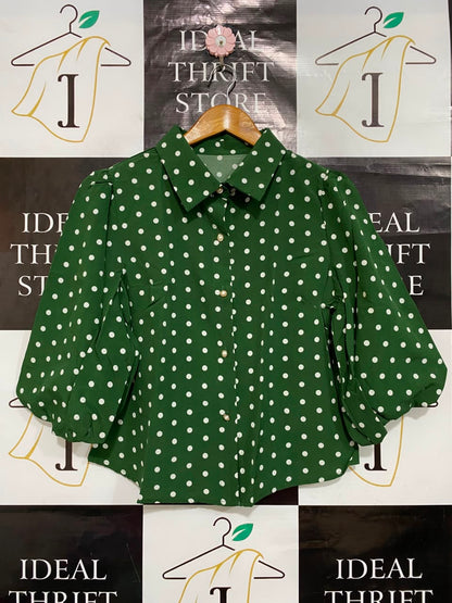 SHEIN |M| BUST 18| A25| FOREST GREEN POLKA DOT BUTTON-UP PUFF SLEEVE BLOUSE