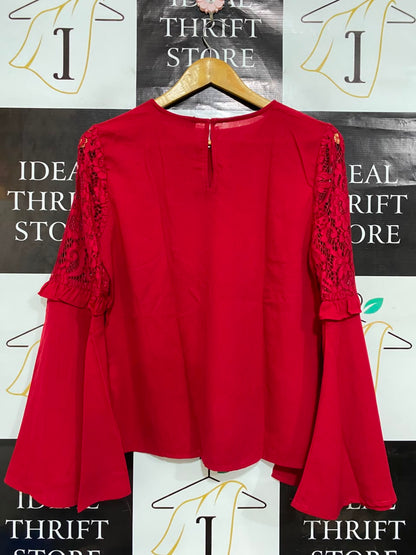 M&S |M| BUST 19| A25| VIBRANT RED LACE-DETAIL BELL SLEEVE BLOUSE