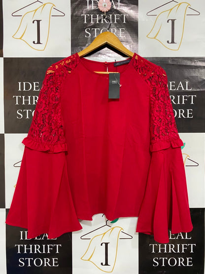 M&S |M| BUST 19| A25| VIBRANT RED LACE-DETAIL BELL SLEEVE BLOUSE
