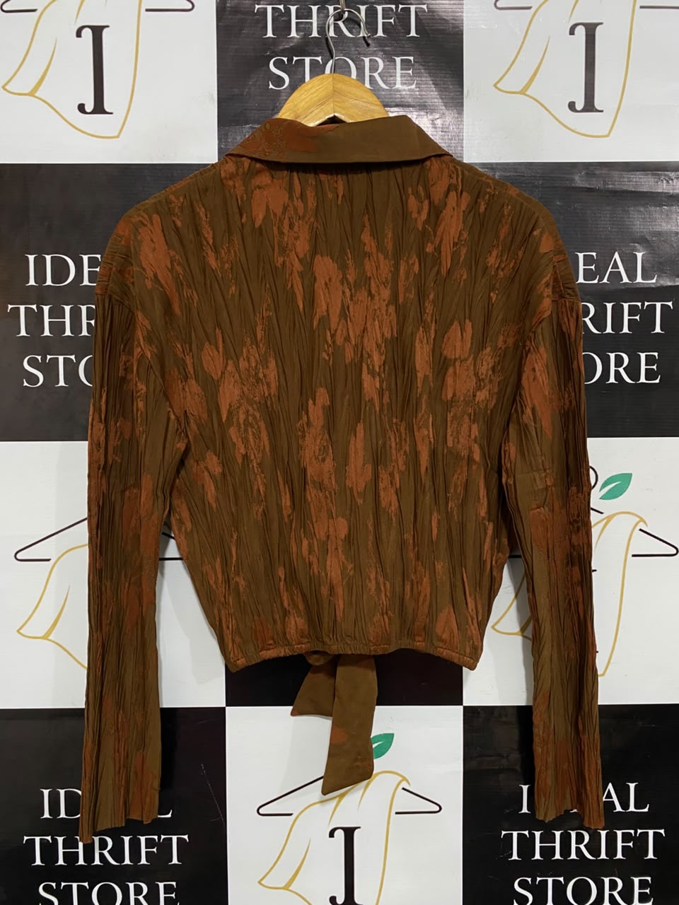 ZARA |S| BUST 20| A25| BROWN AND RUST CRUSHED PLEATED TIE-FRONT CROP TOP