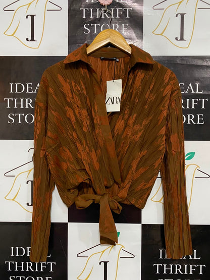 ZARA |S| BUST 20| A25| BROWN AND RUST CRUSHED PLEATED TIE-FRONT CROP TOP
