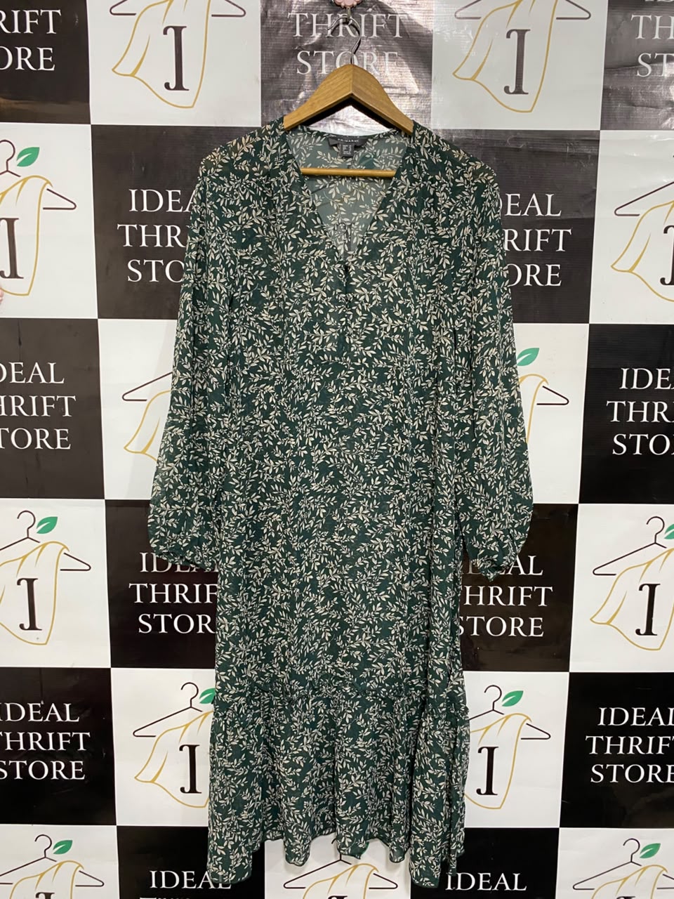 PRIMARK |M| BUST 18| A25| FOREST GREEN LEAF PRINT V-NECK LONG SLEEVE MIDI DRESS