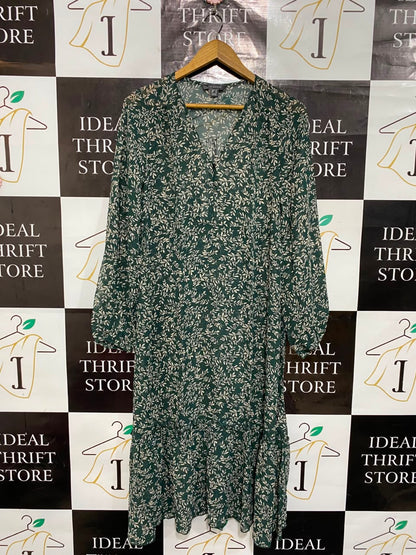 PRIMARK |M| BUST 18| A25| FOREST GREEN LEAF PRINT V-NECK LONG SLEEVE MIDI DRESS