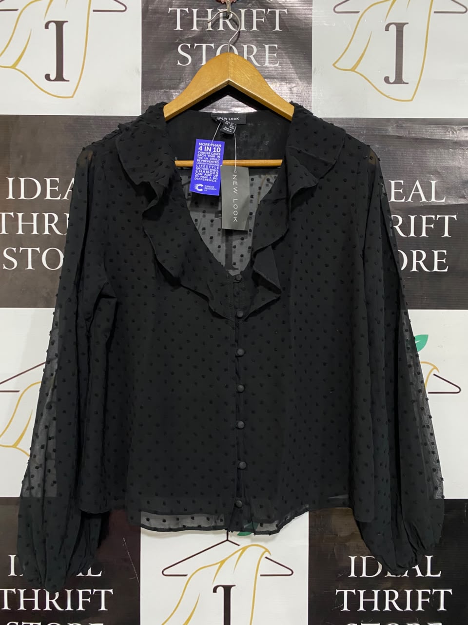 NEW LOOK |M| BUST 20| A25| BLACK SHEER DOBBY DOT RUFFLE-COLLAR BLOUSE