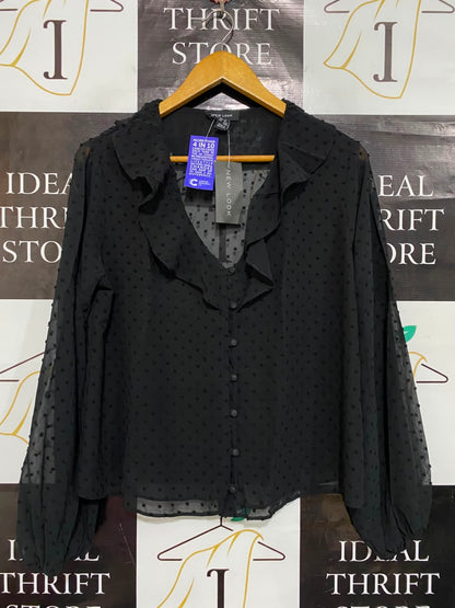NEW LOOK |M| BUST 20| A25| BLACK SHEER DOBBY DOT RUFFLE-COLLAR BLOUSE