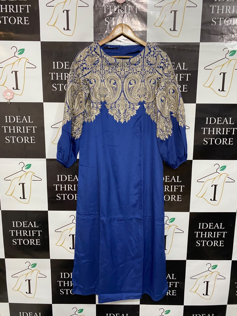 KHAADI |S| BUST 17| A25| ROYAL BLUE AND GOLD PAISLEY EMBROIDERED MAXI DRESS