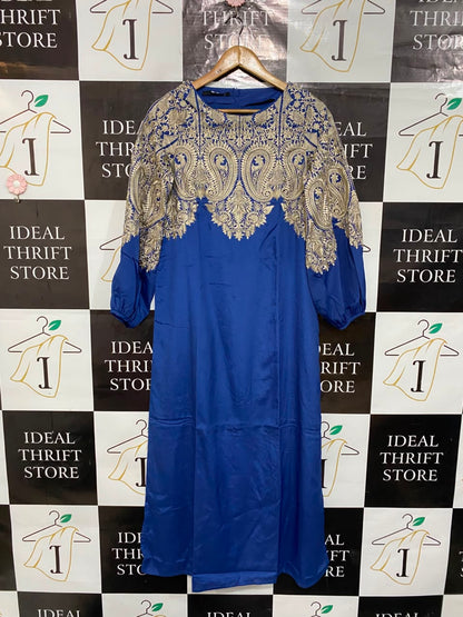 KHAADI |S| BUST 17| A25| ROYAL BLUE AND GOLD PAISLEY EMBROIDERED MAXI DRESS