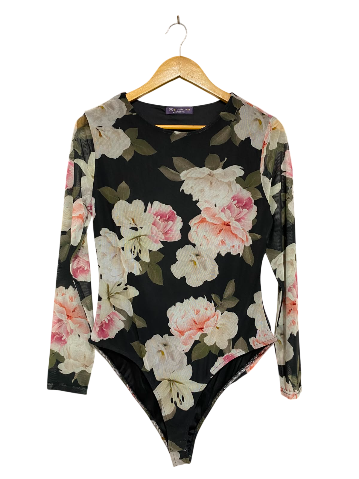 GEORGE DAVIES |M| BUST 16| A26| BLACK AND BLUSH PINK FLORAL MESH LONG SLEEVE BODYSUIT